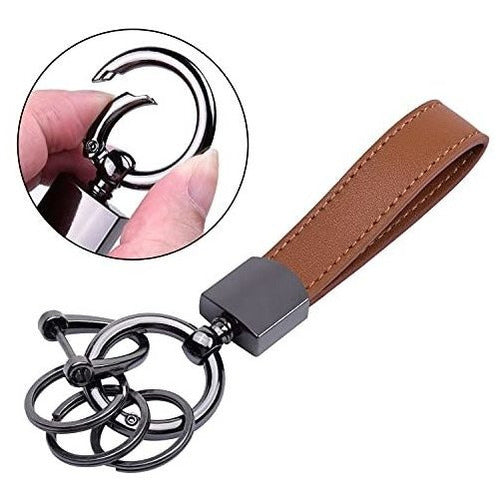 Wisdompro Brown Leather Keychain Carabiner with 3 Metal Rings and D-Ring 4