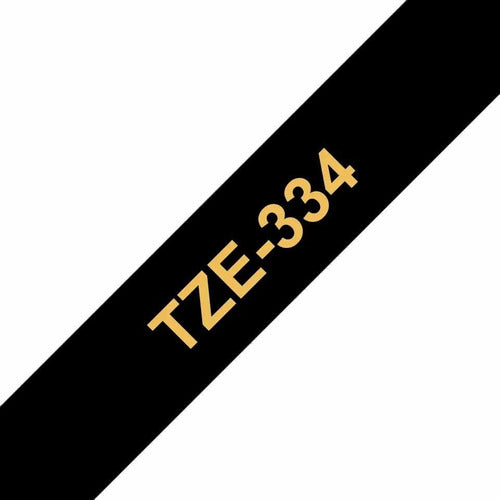 Brother Tape for Label Makers TZe-334 Black Background Gold Letters 1