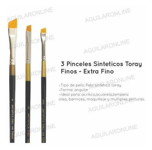 Kit 3 Pincel Fino Chato Angular Sintetico S146 Acrilico Oleo 1