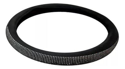 Black Suede Steering Wheel Cover with Diamond Plate Silver Trim 38cm 0