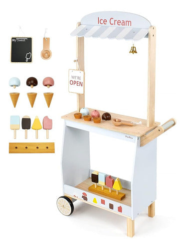 PairPear Wooden Ice Cream Cart for Kids, Play Dessert and Food Truck Toys 0