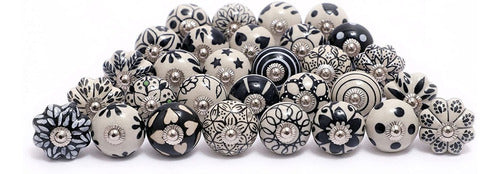 Indian Haat Bazaar Decorative Drawer Knobs - Pack Of 12 Pcs - Brass Steel Cabinet Door Handle Blue Pottery Flower Handmade Home Decor Hardware - Black And White 0