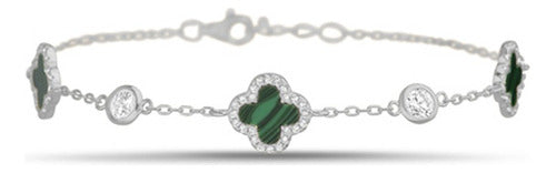 Silver and Green Four-Leaf Clover Bracelet, 925 Silver 0