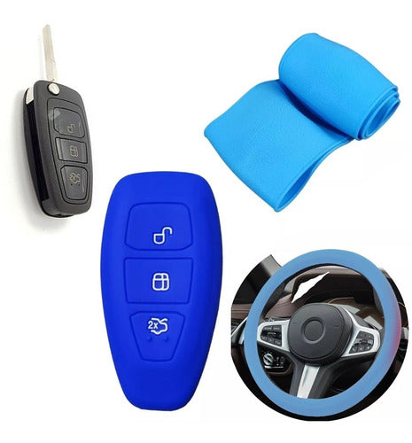 Steering Wheel Cover + Silicone Key Case for Ford Kuga - Blue 0