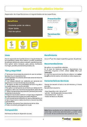 Enduido Plástico 1 Litro Interior Tacurú ( Weber ) 1