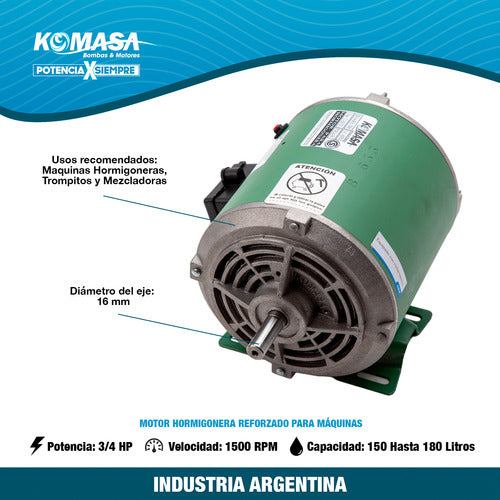 Motor Hormigonera 3/4 Hp Komasa 150 A 180l Mezcladora Trompi 1