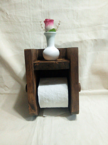 Rustic Solid Pine Wood Toilet Paper Holder with Small Shelf 2