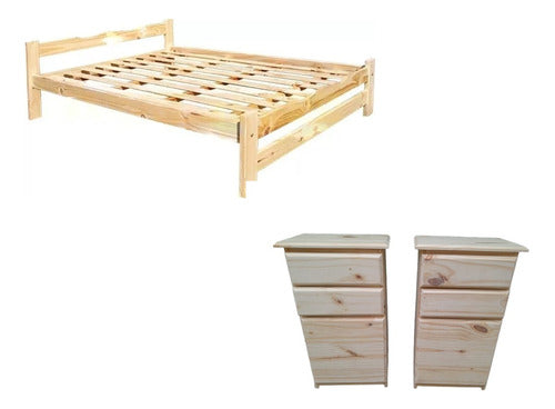 Diverso Muebles Cama 2 Plazas Pino Macizo 140x197cm + Juego Mesitas De Luz 0