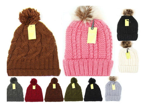 Girls Knitted Hat with Pompom - Solid Color Plumitaa Bnn 0