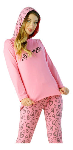 Women's Winter Hooded Pyjama Set with Soft Jacket and Heart Print Pants 7