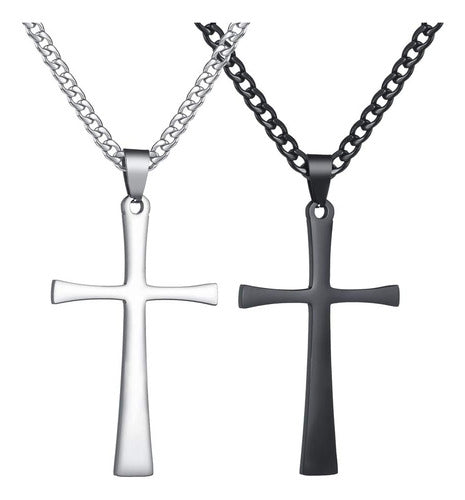 CALIS 2 Simple Stainless Steel Necklaces with Silver Cross and Black Pendant 0