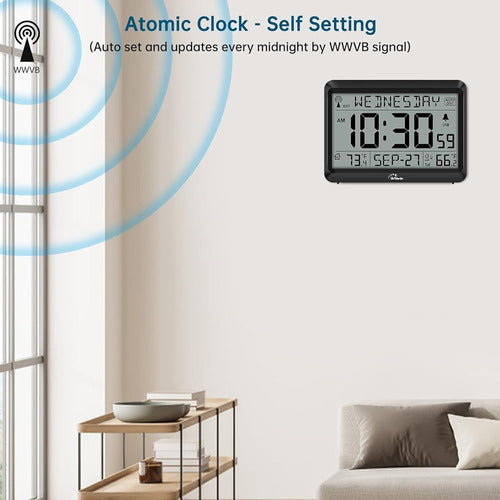 WallarGe Atomic Wall Clock with Indoor Outdoor Temperature, Re 1