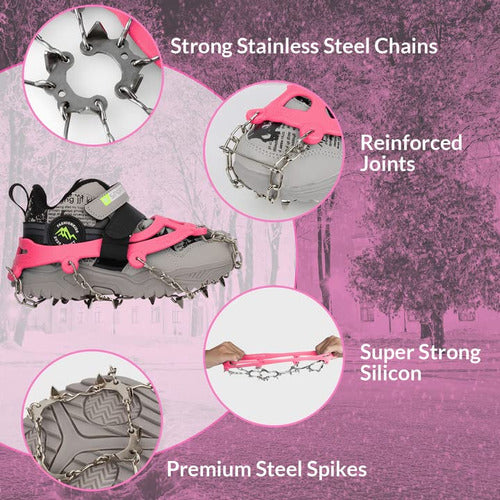 High Stream Gear Kids Ice Cleats - Snow Crampons For Shoes With 14 Stainless Steel Spikes, Anti Slip Traction Grips, Pink 2