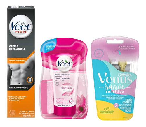 Veet Men Hair Removal Pack: Veet Men Cream + Shower Cream + 2 Gillette 0