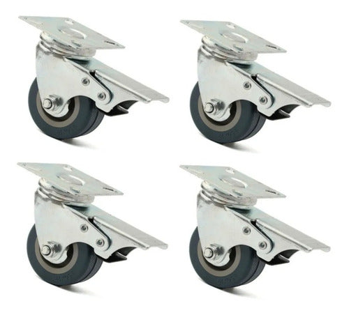 Set of 4 Gray 50mm Rubber Wheels with Brake 0