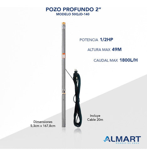 Almart Submersible 2 Inch Turbine 1/2HP Pump with 20M Cable 1