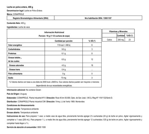 Conaprole Leche En Polvo Entera 400 Grs 1