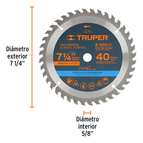 Sierra Circular Para Madera, De 7 1/4'', 40 Dientes, Truper 2