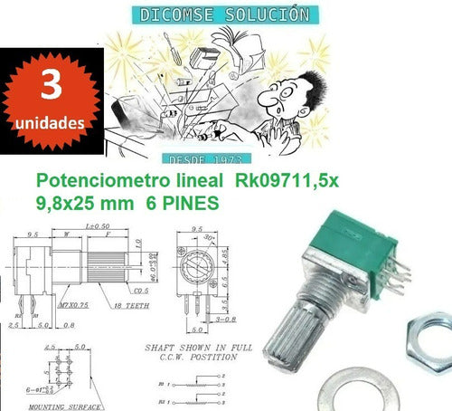 Generic Potenciometro Lineal RK097 500K 11.5x 9.8x25mm 6 Pin X 3 0