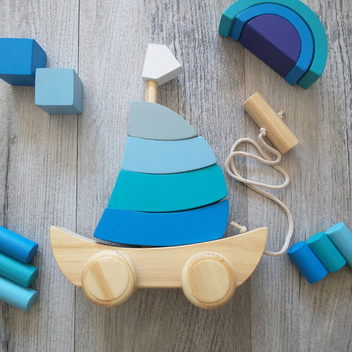 Stackable Wooden Pull Along and Shape Sorting Montessori Boat 2