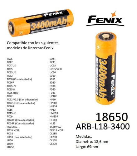 Fenix Rechargeable Battery Arb-l18 3400mah 3.6v 18650 1