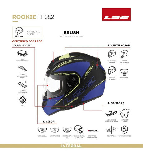 Casco Integral Ls2 352 Brush Matt Bla H-v Yell M Genamax 4