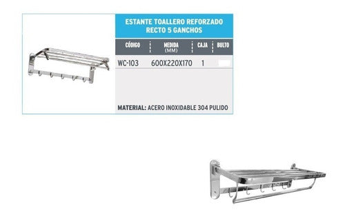 Repisa Toallero Reforzado Recto 5 Ganchos Acero Inox Wc-103 1