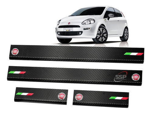 Carbon-Look Door Sill Covers for Fiat Punto Logo + Flag 0