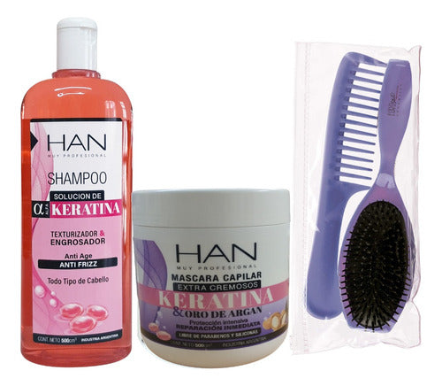 Han Shampoo + Mascara Keratina Fortalecedor +kit Peines 0