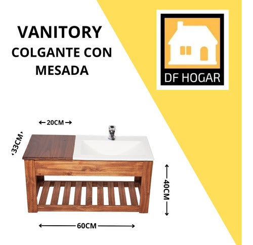 DF Hogar Vanitory Colgante Rustico De 60 Con Mesada + Bacha Y Espejo 1