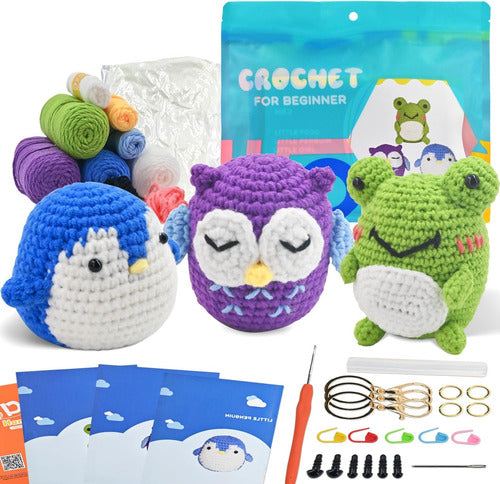 AIDINGO Crochet Kit for Beginners, 3pcs, Penguin, Frog, Owl 0