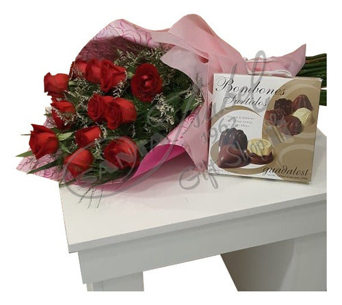 Bouquet of 12 Premium Roses and Chocolate Box 90g - Flower Delivery Service 0