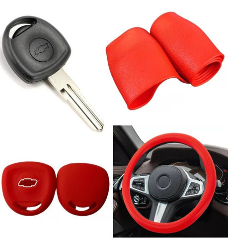 Cubre Volante + Funda Llave Silicona Chevrolet Corsa - Rojo 0