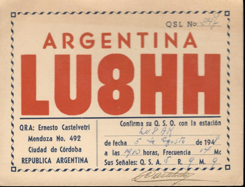 Tarjeta Qsl - De Lu8hh A Lu8ak (año 1948) 0