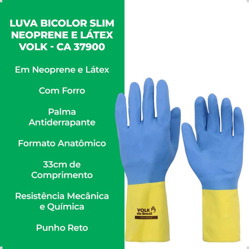 Kit 12 Luva Látex Neoprene Bicolor Limpeza Pesada Volk Tam G 2