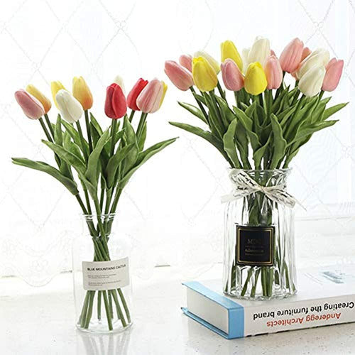 Wistart 24pcs Multicolor Artificial Tulip Flowers Fake Faux PU Tulip Bouquet Real Touch Flower Arrangements 3