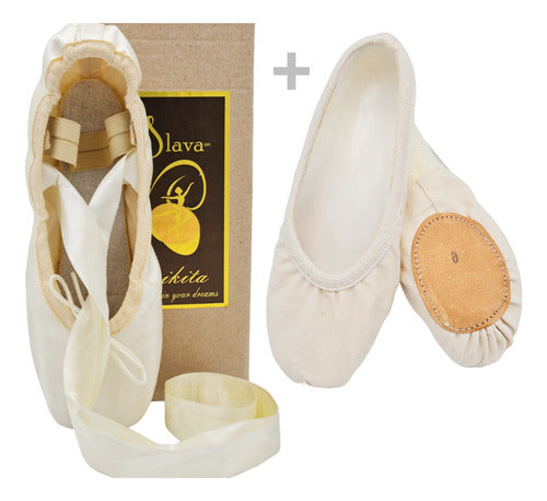 Slava Ballet Pointe Shoes with Ribbons + Elastic Canvas Split Sole Pointe Shoes 0