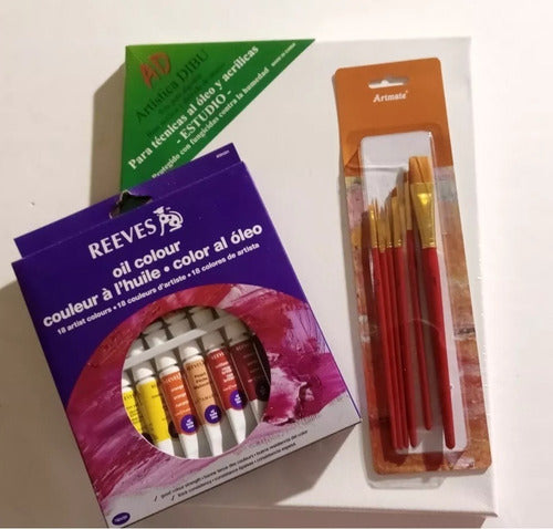 Reeves 18 Oil Paints + 24x30 cm Stretched Canvas + Assorted Brush Set 1