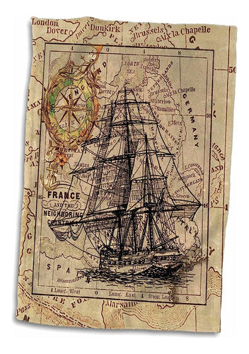 3dRose Pink 3D Image of Black Ghost Ship on Vintage European Map Hand Towel 0