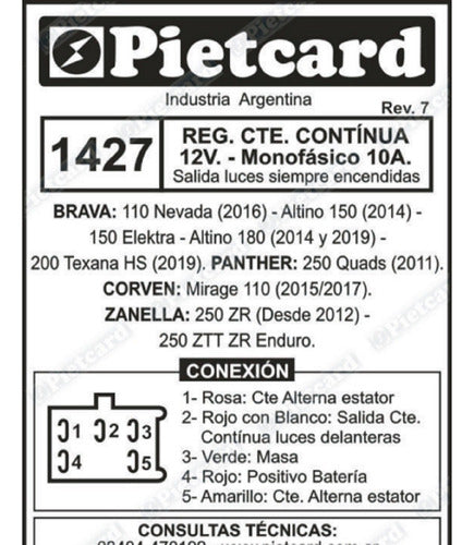 Pietcard Voltage Regulator Brava Altino 180 Year 2014 and 2019 1