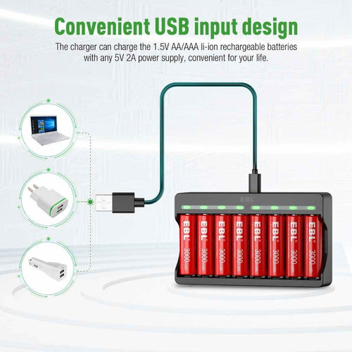 Cargador Ebl De 8 Pilas Recargables Aa Aaa De Litio 1,5v Usb 3