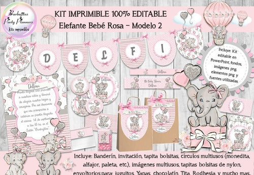 Kit Imprimible Elefante Bebé Rosa Mod.2 Editable 100% 0