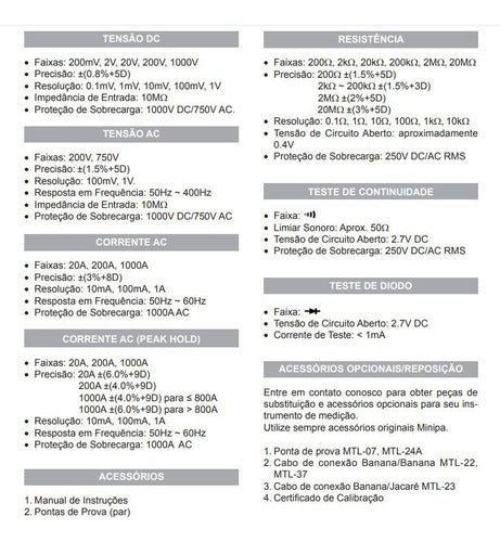 Amperímetro Multímetro Minipa Et-3111 Certificado Calibração 1