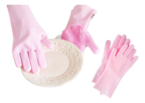 Pair of Pink Silicone Washing Gloves 0