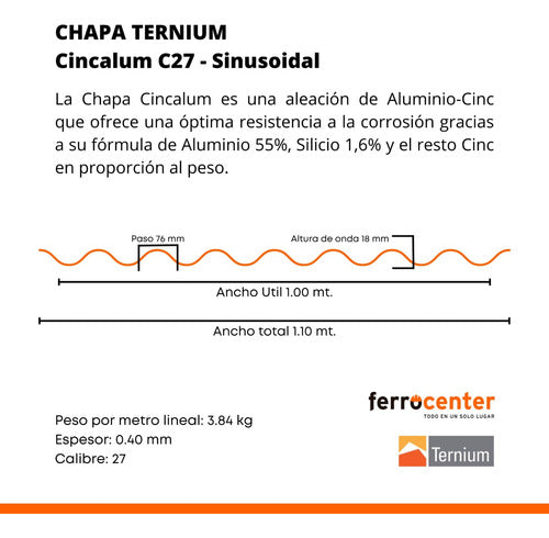 Ternium Chapa Sinusoidal O Acanalada Cincalum C27 Por 0.50 Metros 2