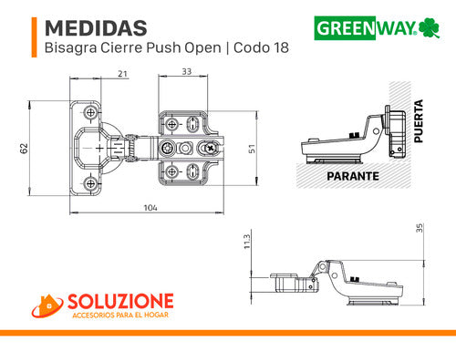 Set 4 Bisagras Push Open Codo 18 + 2 Reten Premium 2