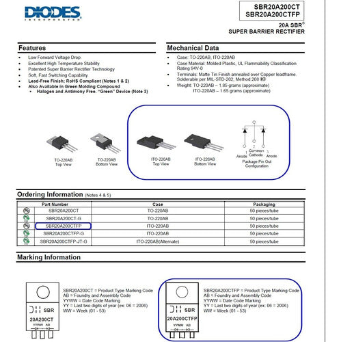 Sbr20a200ctfp Sbr20a200 Dual Schottky Super Barrier 200v 20a 1