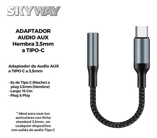 Cable Adaptador Tipo C A Mini Plug Aux Hembra 3.5mm Skyway 1