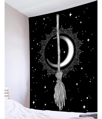 HVEST Witch's Broom Moon Tapestry Wall Hanging Black And 3