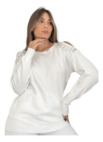 Just Wings Sweater Importado Hombro Descubierto Detalle De Stras Blanco 0